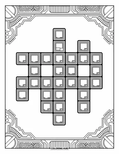 Gaming Coloring Page for Adults: Pattern of Tetris-like shapes made from gaming buttons and keypads in a packed layout