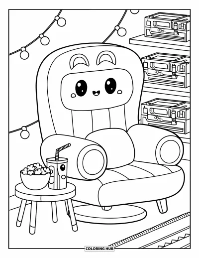 Gaming Coloring Page for Adults: Plush gaming chair with cute face, snacks nearby, fairy lights, and floating shelves