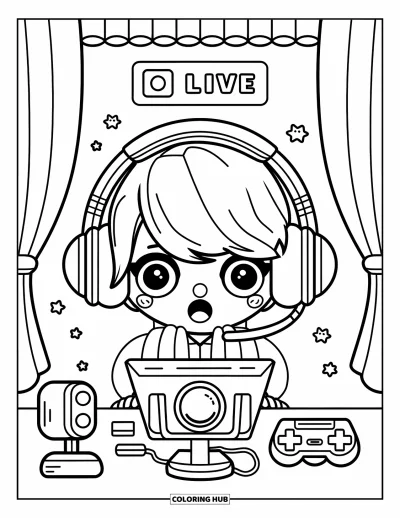 Gaming Coloring Page for Adults: Streamer chibi at cozy desk with headphones, gamepad, and tiny wall decorations