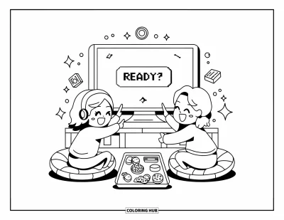 Gaming Coloring Page for Adults: Two chibi friends enjoying a game night on cushions, excitedly pointing at the TV screen