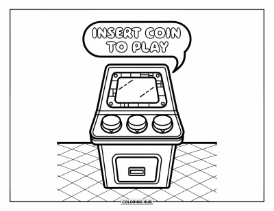 Gaming Coloring Page for Kids: Arcade cabinet on checkered floor with ìInsert coin to playî in a speech bubble