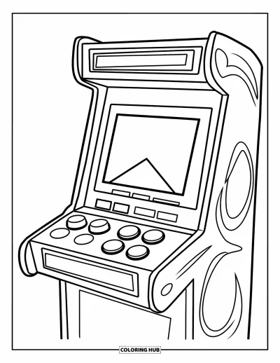Gaming Coloring Page for Kids: Basic arcade machine with large buttons and a friendly, easy design