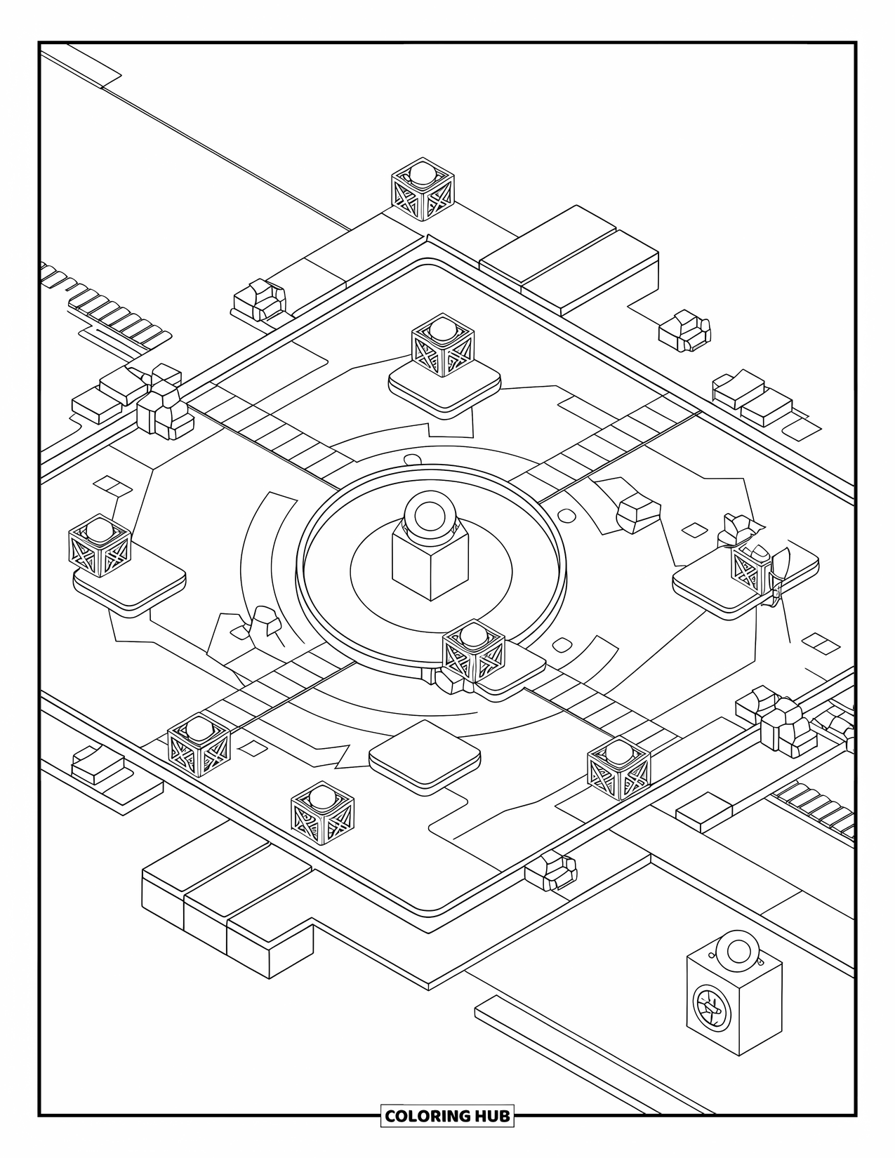Gaming Coloring Page for Kids: Circular arena map with paths, capture zones, and strategic health crate spots