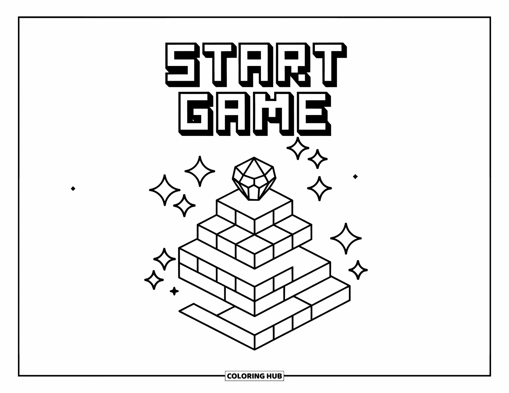 Gaming Coloring Page for Kids: Cubes with a gem and "Start Game" above, surrounded by sparkles and hearts