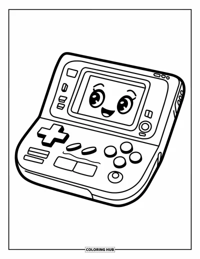 Gaming Coloring Page for Kids: Cute handheld console with friendly screen and easy sections to fill