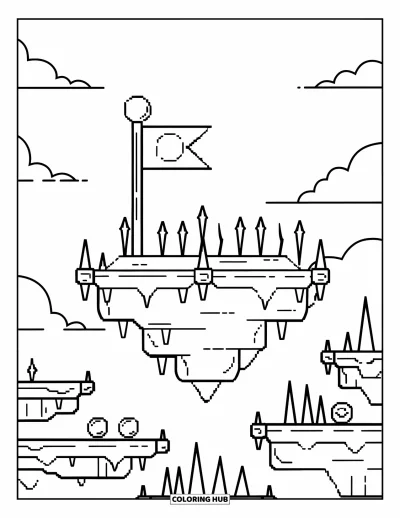 Gaming Coloring Page for Kids: Flag-topped platforms float among clouds with spikes and scattered power-ups
