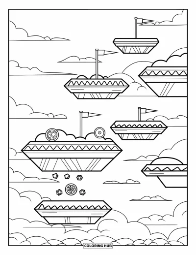 Gaming Coloring Page for Kids: Floating platforms with spikes, flags, and star power-ups in a cloudy sky
