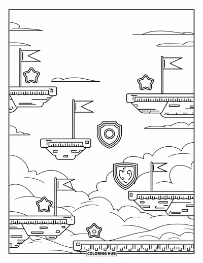 Gaming Coloring Page for Kids: Game scene with floating platforms, spikes, flags, and shield power-ups in the sky