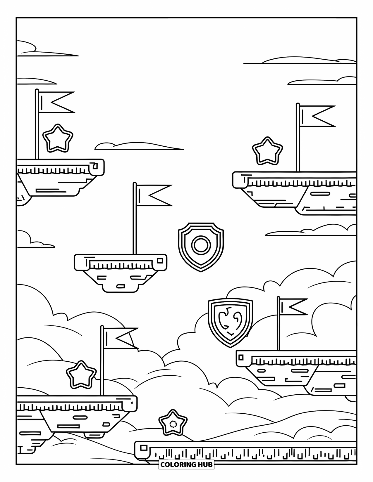 Gaming Coloring Page for Kids: Game scene with floating platforms, spikes, flags, and shield power-ups in the sky