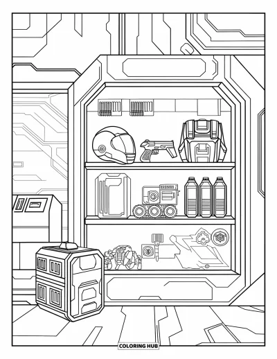 Gaming Coloring Page for Kids: Game shelf filled with gadgets, a small robot, and a control panel on the wall