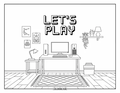 Gaming Coloring Page for Kids: Gaming setup with pixel sign, desk gear, posters, rug, and a cozy corner shelf