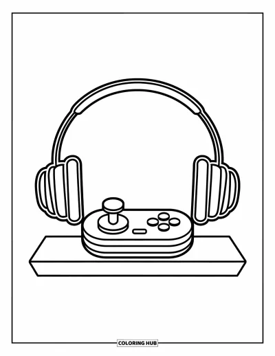 Gaming Coloring Page for Kids: Joystick and headset duo resting on a shelf with a clean, cozy feel