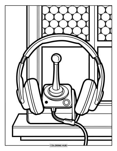Gaming Coloring Page for Kids: Joystick and headset with round shapes rest on a shelf by a window with circle patterns