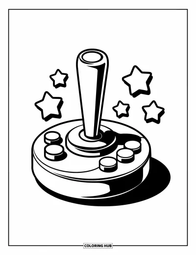 Gaming Coloring Page for Kids: Joystick with bold lines and scattered stars floating nearby