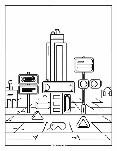 Gaming Coloring Page for Kids: Pixel city with towers, signs, and portals shaped like circles and triangles