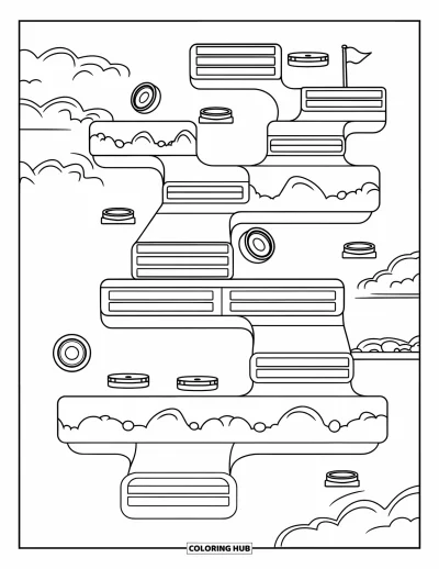 Gaming Coloring Page for Kids: Playful level layout with coins, stairs, and a single flag at the finish