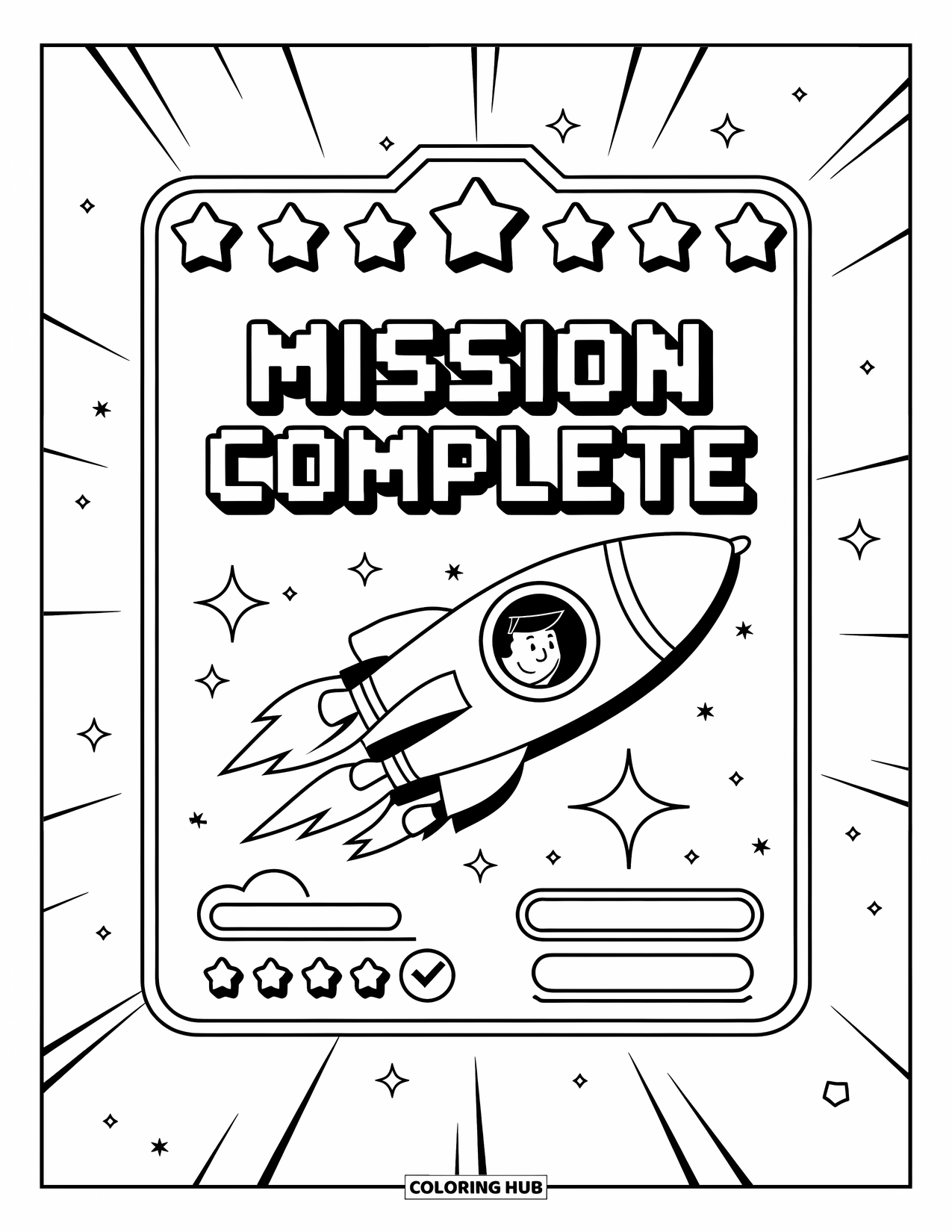 Gaming Coloring Page for Kids: Rocket ship with happy astronaut and a ìMission Completeî banner in space