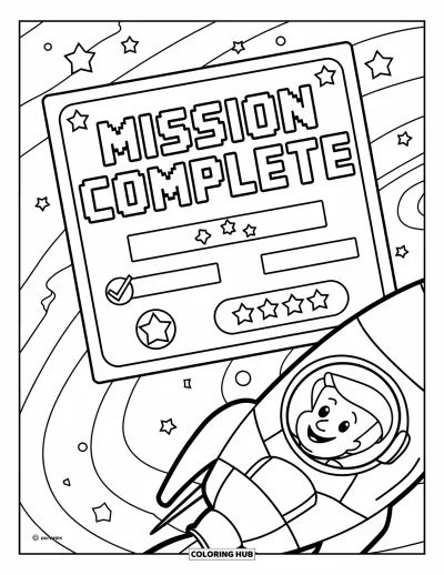 Gaming Coloring Page for Kids: Rocket with smiling astronaut and mission screen filled with stars and planets