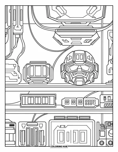 Gaming Coloring Page for Kids: Shelf of high-tech gear, buttons, and glowing devices with wires