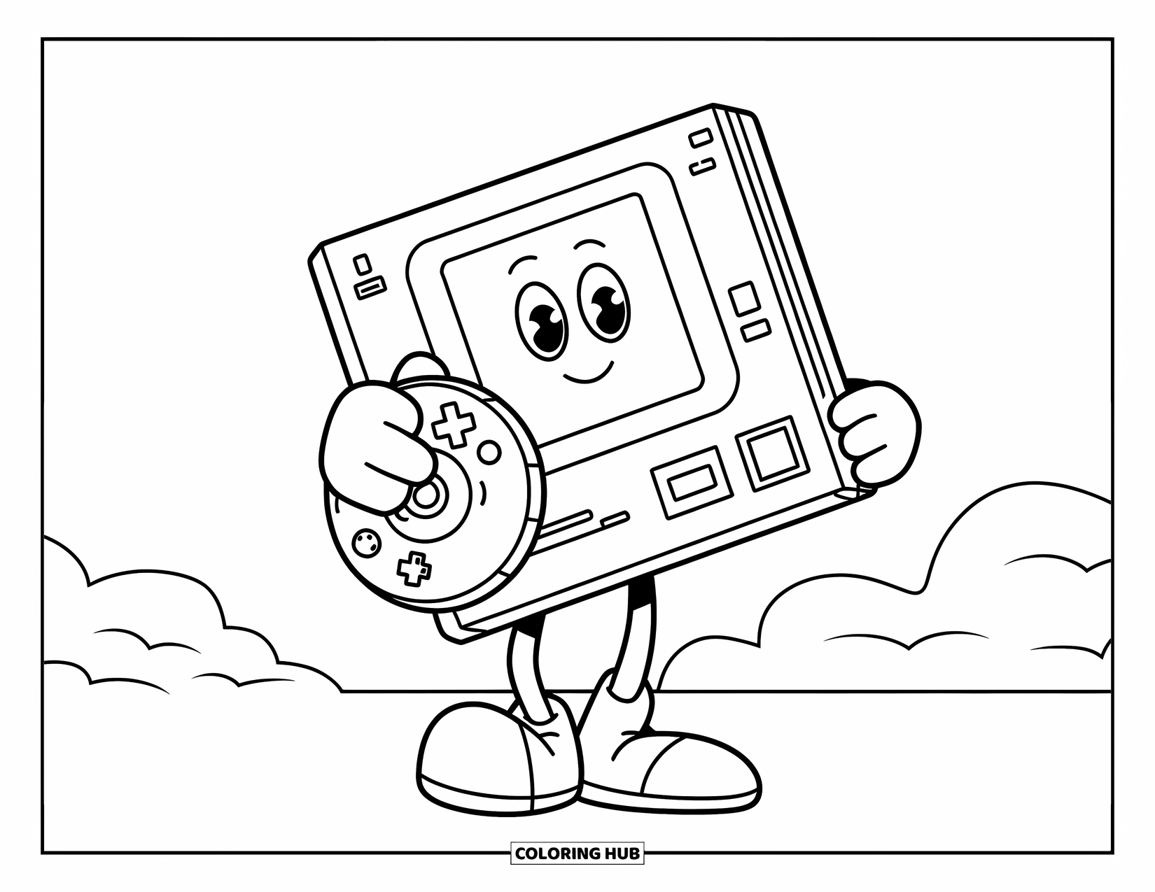 Gaming Coloring Page for Kids: Smiling console figure holding a disc while standing on a fluffy cloud