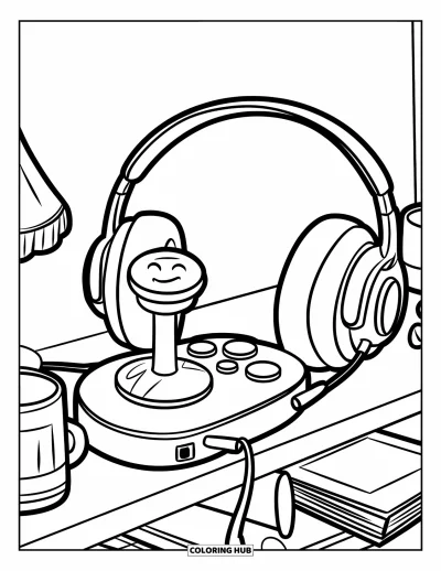 Gaming Coloring Page for Kids: Smiling joystick and round-eared headset on a shelf with a mug, lamp, and book