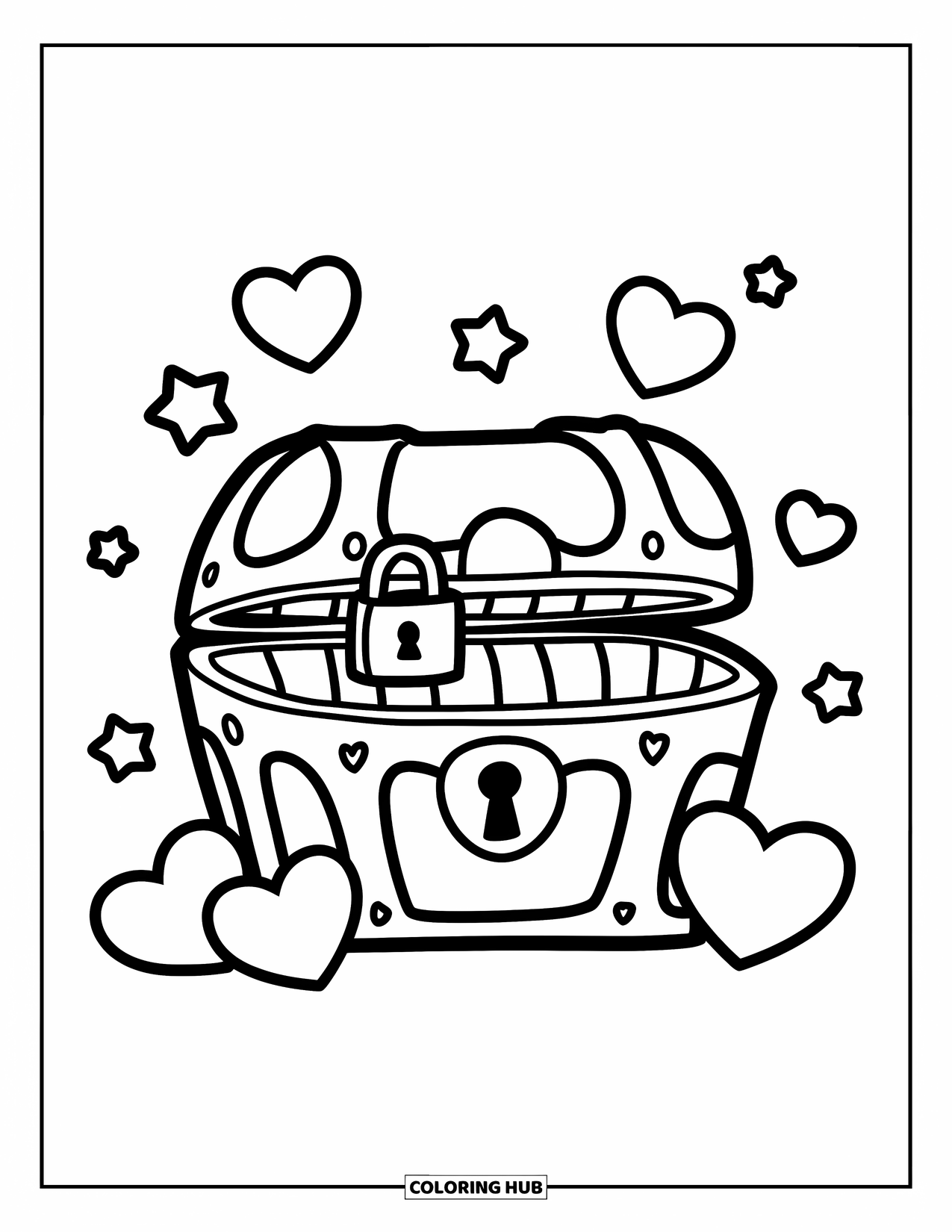 Gaming Coloring Page for Kids: Treasure chest with a lock surrounded by floating hearts and stars