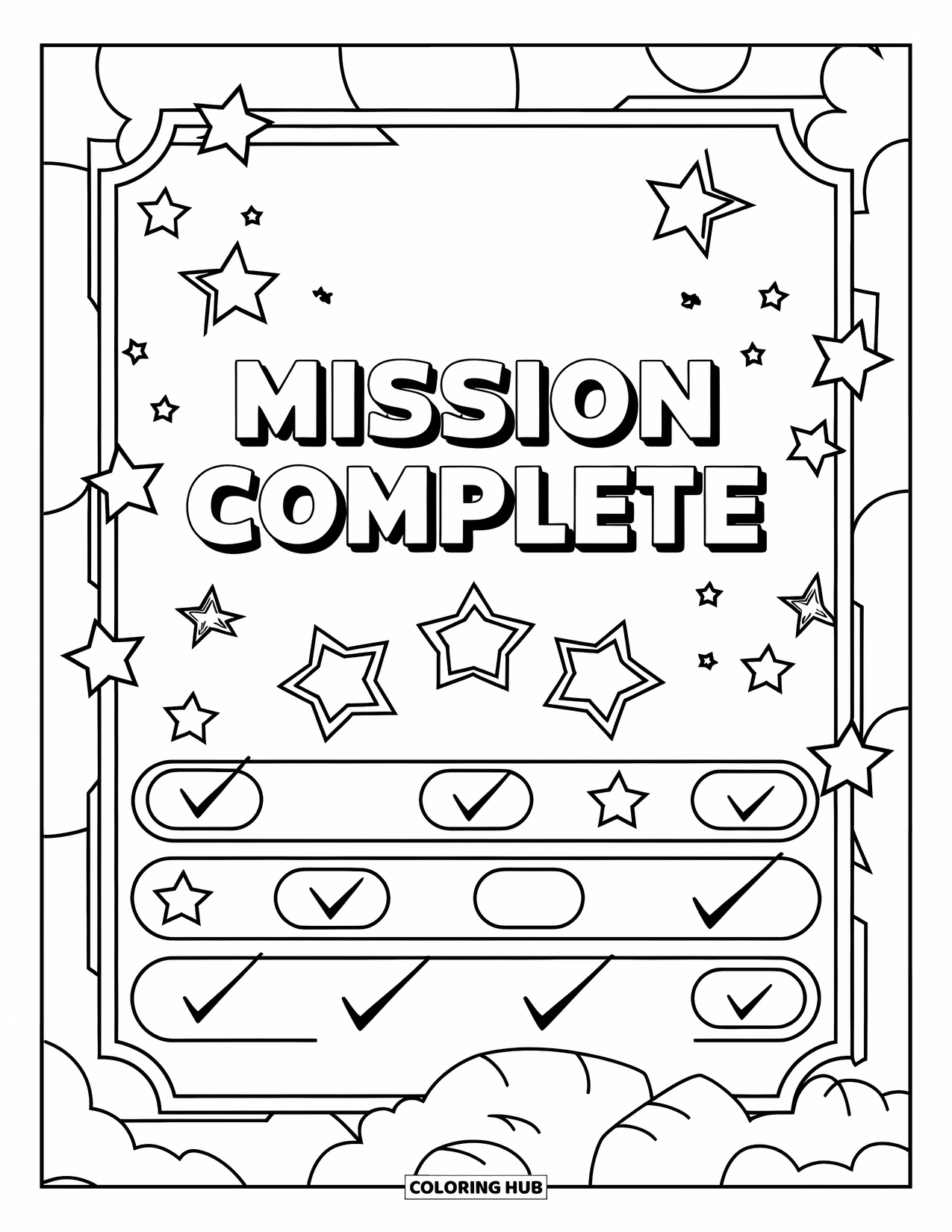 Gaming Coloring Page for Kids: Victory screen with score icons, checkmarks, and star-filled space theme