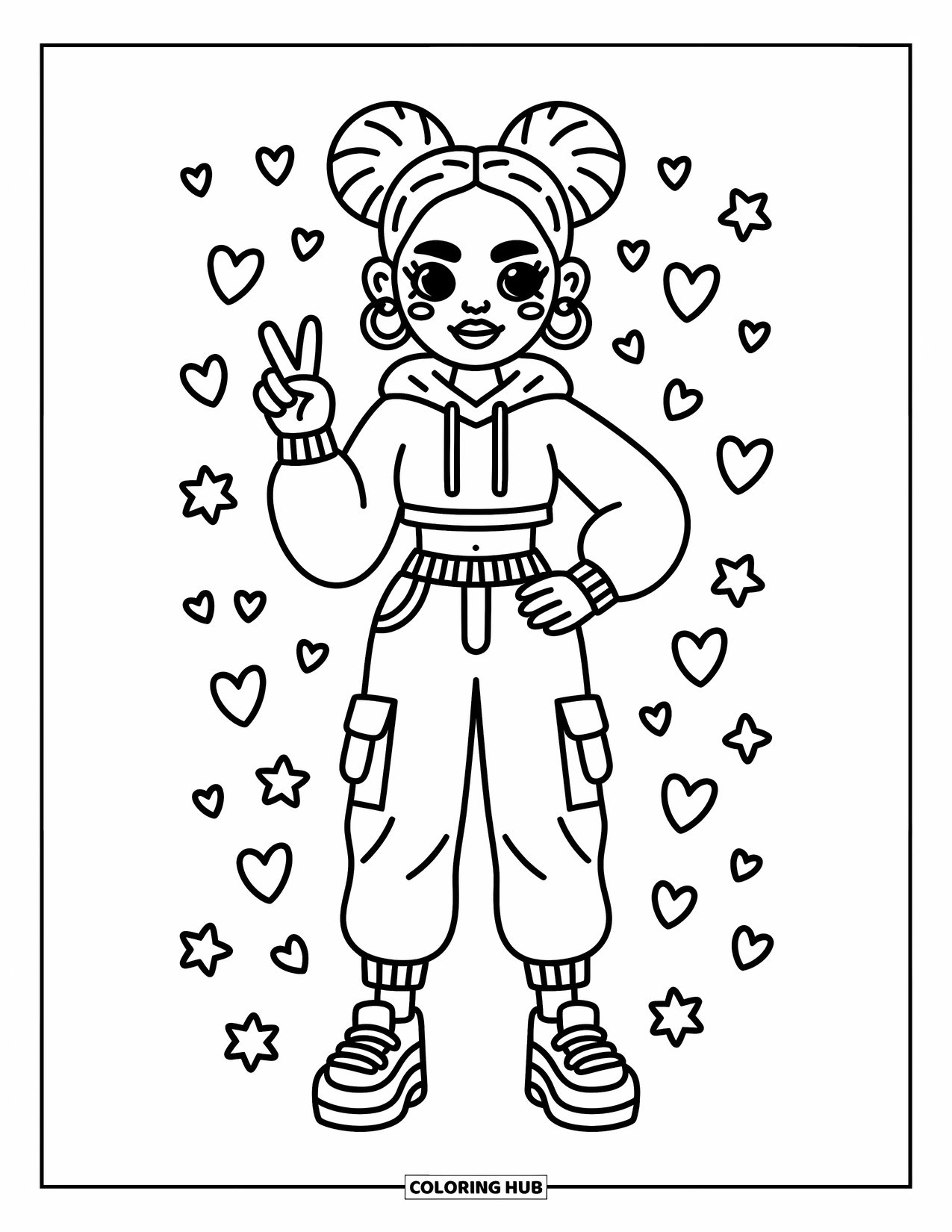 Gangsta Black Girl Coloring Page for Adults: Charming girl with a peace sign in a world filled with hearts and flowers