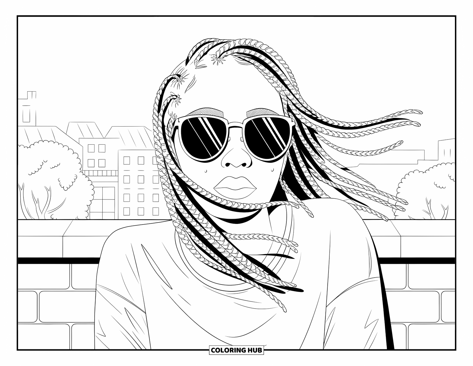 Gangsta Black Girl Coloring Page for Adults: Chill woman with braids and sunglasses leaning against a peaceful city wall