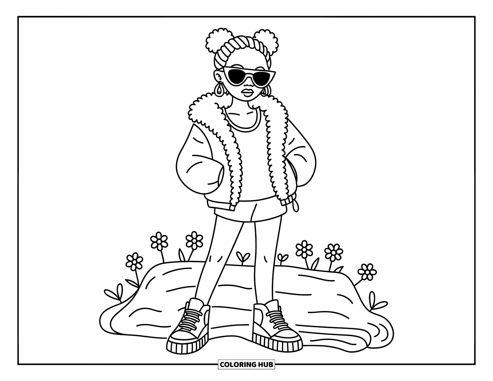Gangsta Black Girl Coloring Page for Adults: Confident girl in cat-eye sunglasses and cozy jacket standing among cute flowers and blankets