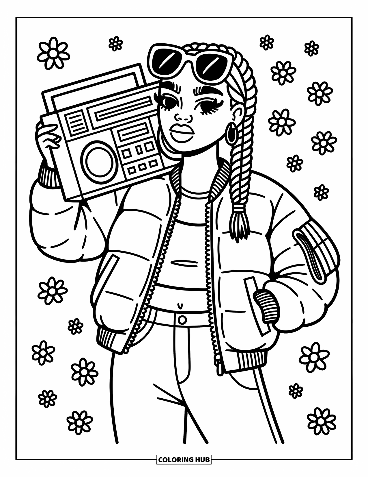 Gangsta Black Girl Coloring Page for Adults: Confident girl with boom box in a sweet scene full of blankets and flowers