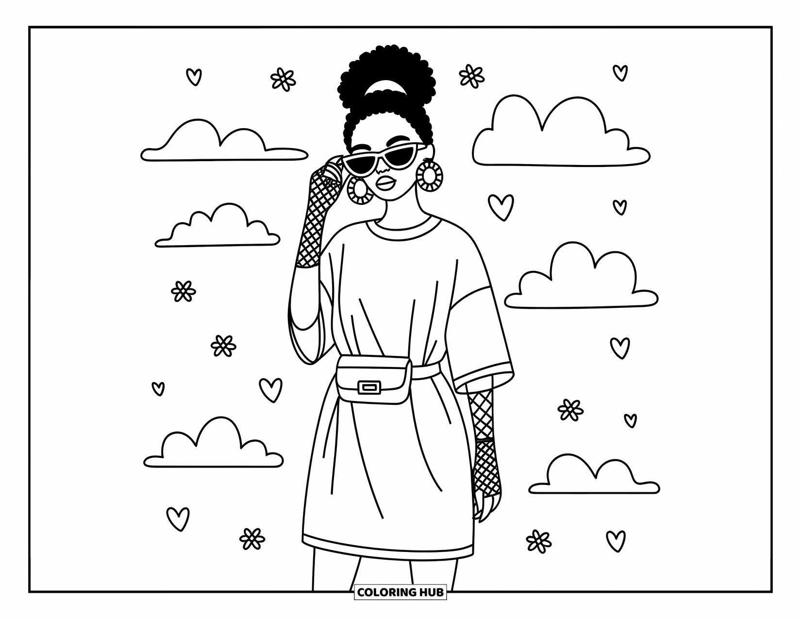 Gangsta Black Girl Coloring Page for Adults: Cool girl in belt bag and shades surrounded by clouds, hearts, and flowers