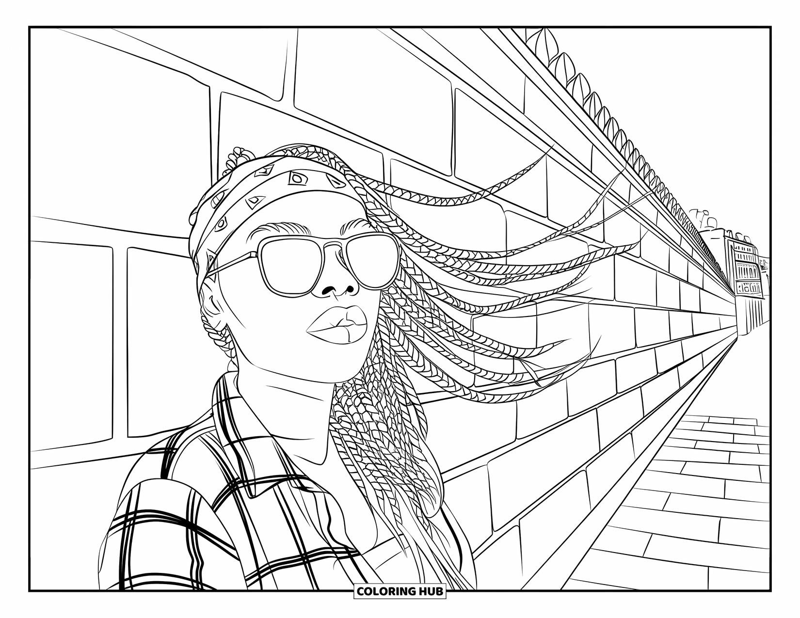 Gangsta Black Girl Coloring Page for Adults: Cool woman in plaid shirt and bandana resting by a detailed stone wall