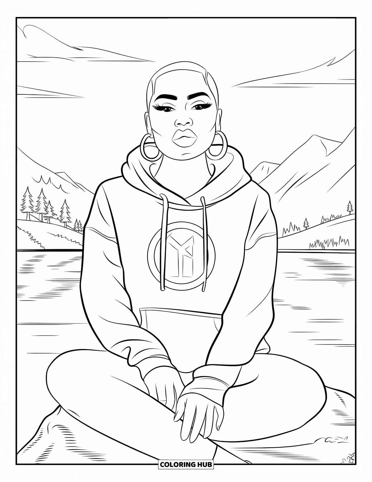 Gangsta Black Girl Coloring Page for Adults: Cozy woman in hoodie sitting by a lake with mountains behind her