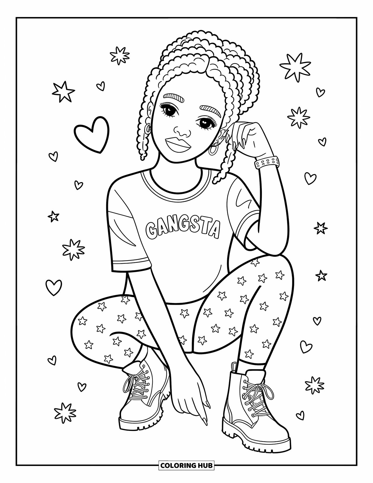 Gangsta Black Girl Coloring Page for Adults: Girl squatting in leggings and boots with doodled hearts and tiny stars nearby