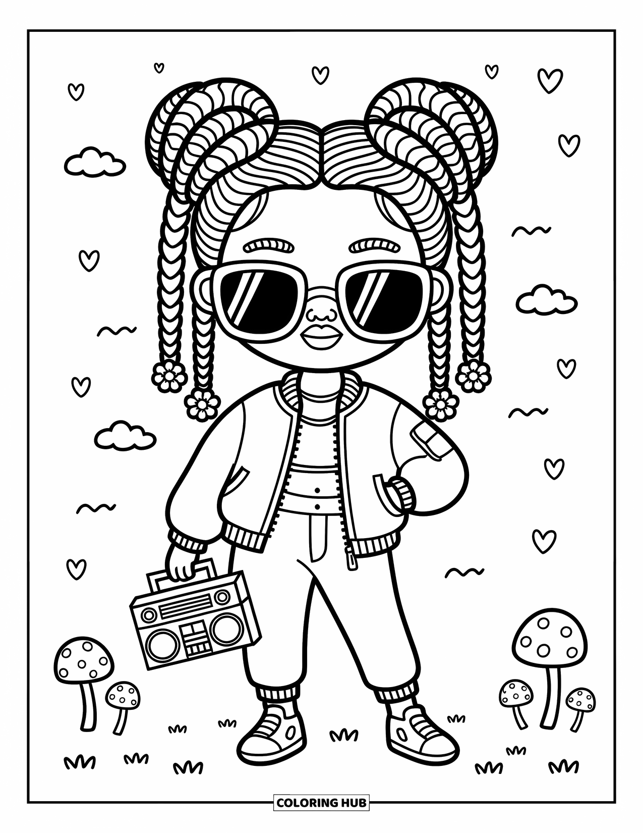Gangsta Black Girl Coloring Page for Adults: Stylish girl with braids and boom box among mushrooms and clouds