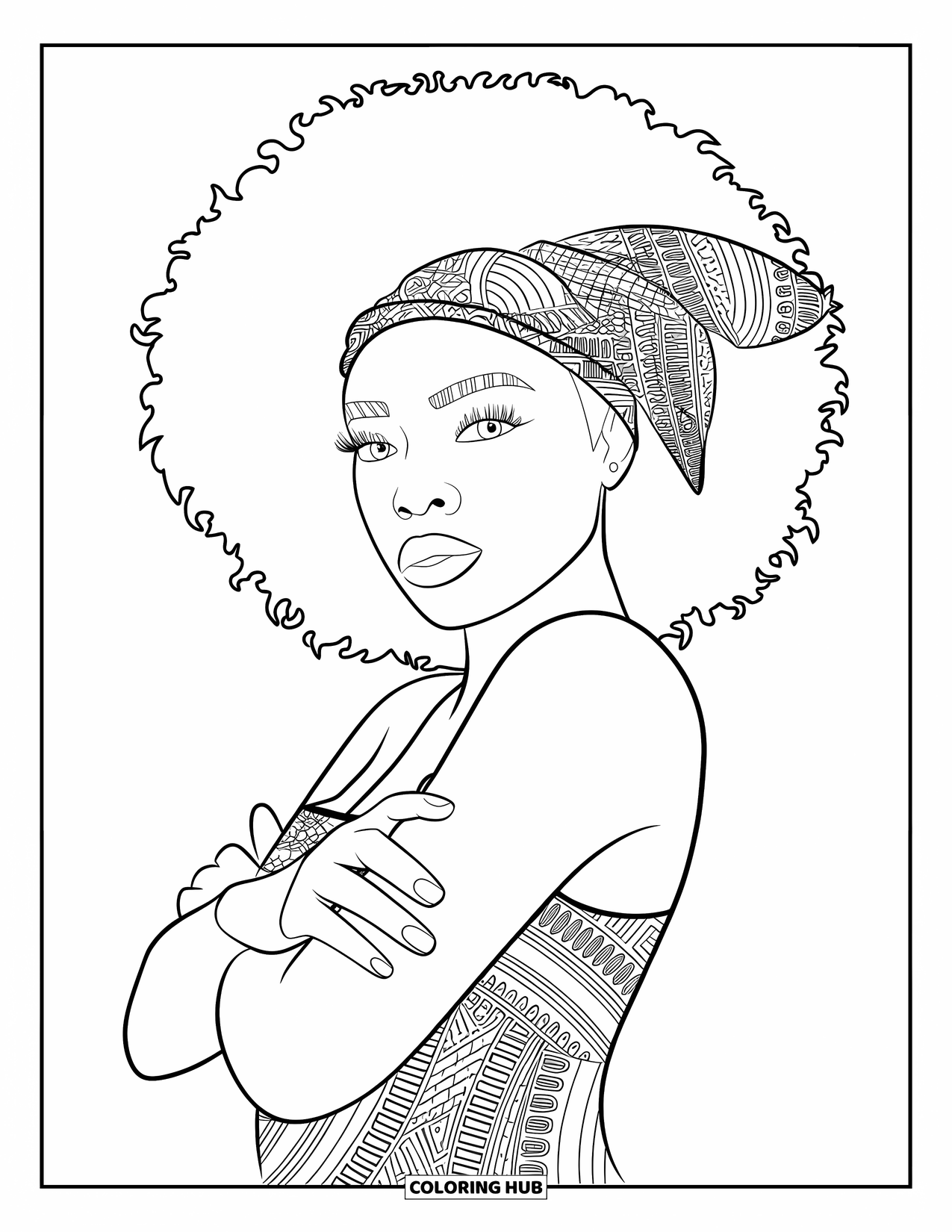 Gangsta Black Girl Coloring Page for Adults: Stylish woman with afro and patterned wrap standing quietly