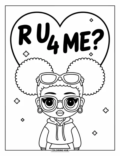 Çocuklar için Gangster Siyahi Kız Boyama Sayfası: Kapüşonlu ve güneş gözlüklü chibi kız "R U 4 Me?" yazan kalbin yanında duruyor
