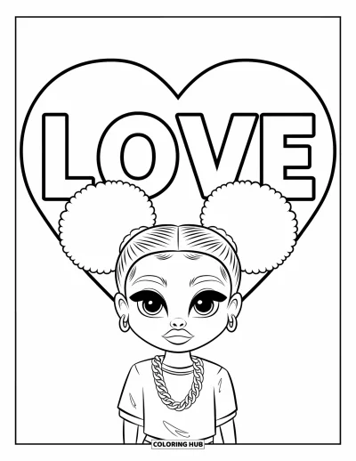 Çocuklar için Gangster Siyahi Kız Boyama Sayfası: Afro topuzlu ve üzerinde "Love" yazan kalp tutan sevimli chibi kız
