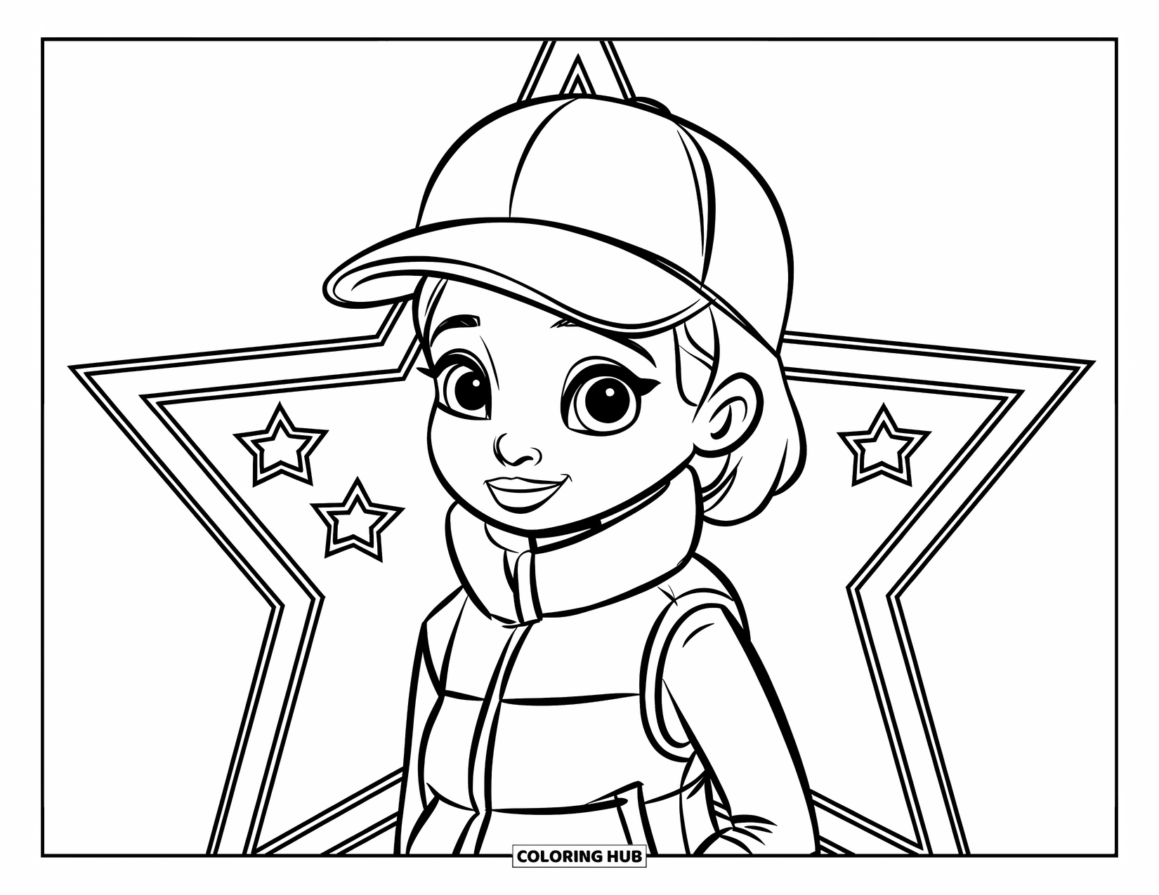 Gangsta Black Girl Coloring Page for Kids: Girl in a puffer vest and starry cap standing under a starry sky