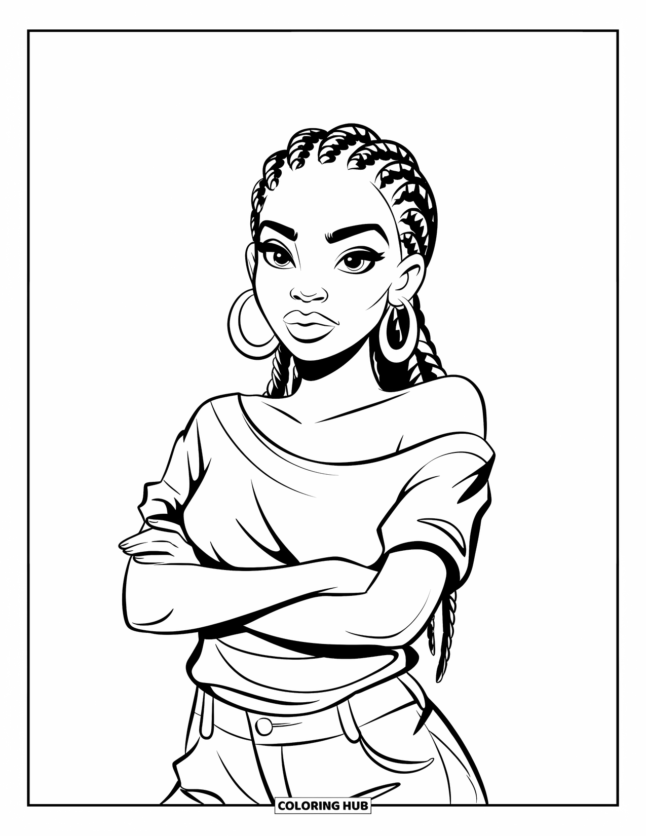 Gangsta Black Girl Coloring Page for Kids: Girl with hoop earrings and braids rocking an off-shoulder top