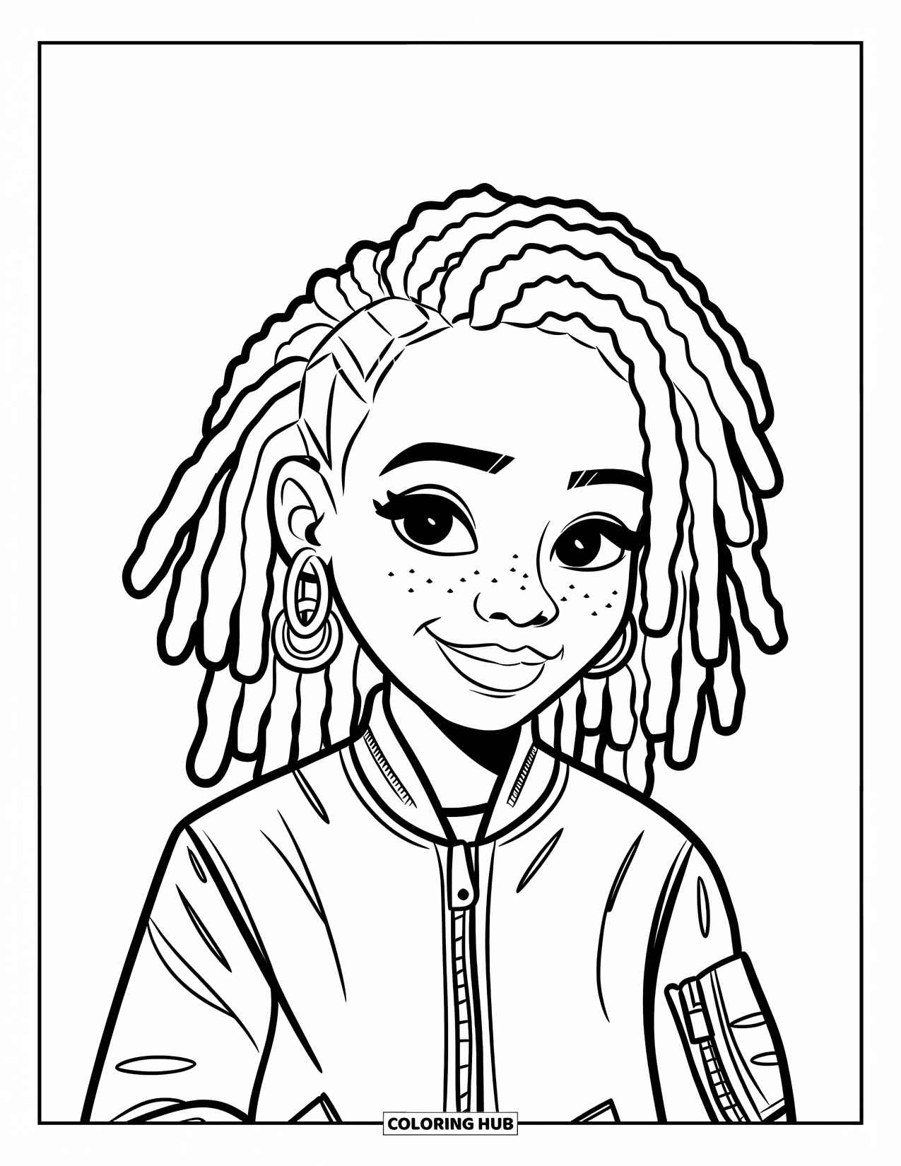 Gangsta Black Girl Coloring Page for Kids: Happy girl with dreadlocks and bomber jacket standing confidently