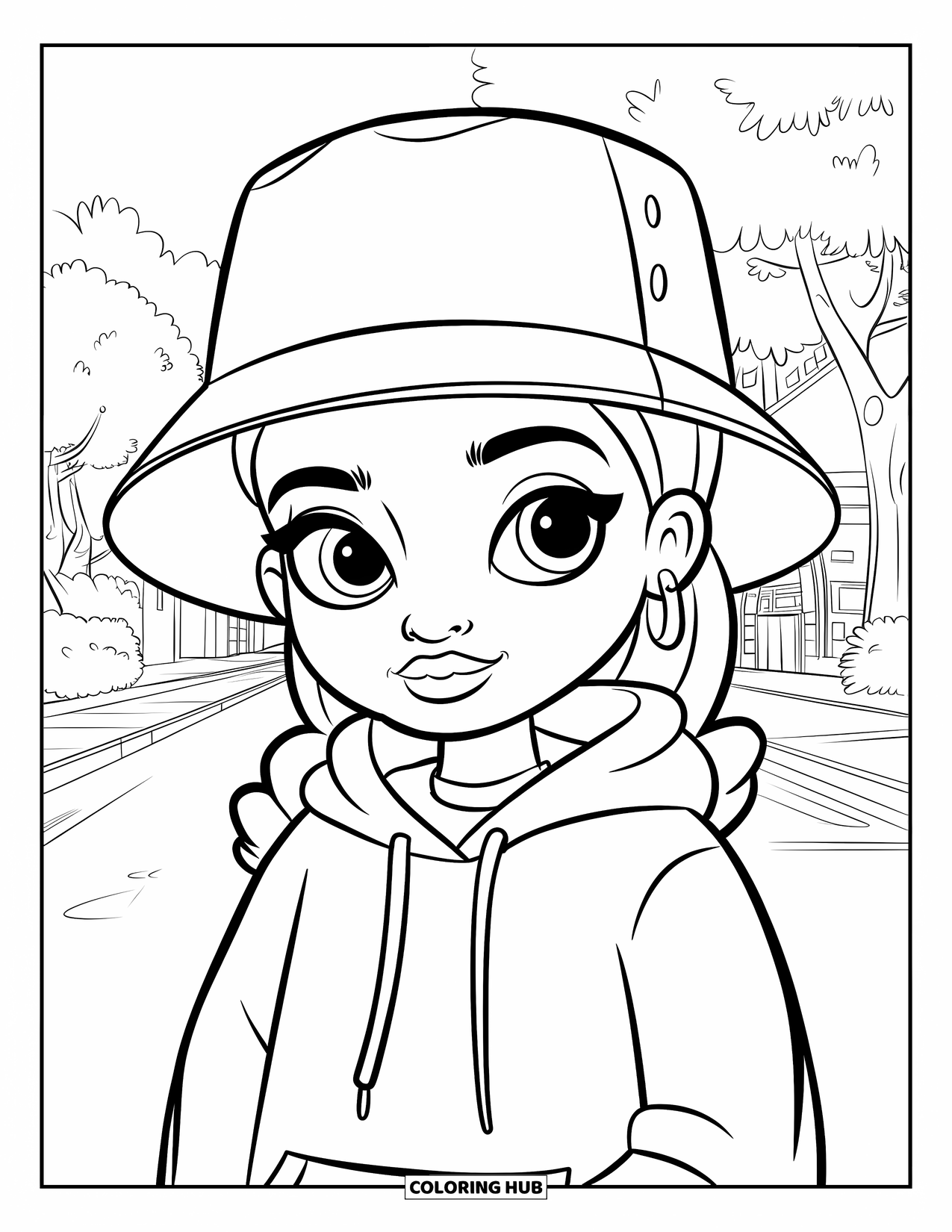 Gangsta Black Girl Coloring Page for Kids: Smiling girl in hoodie and bucket hat standing on a street with trees nearby