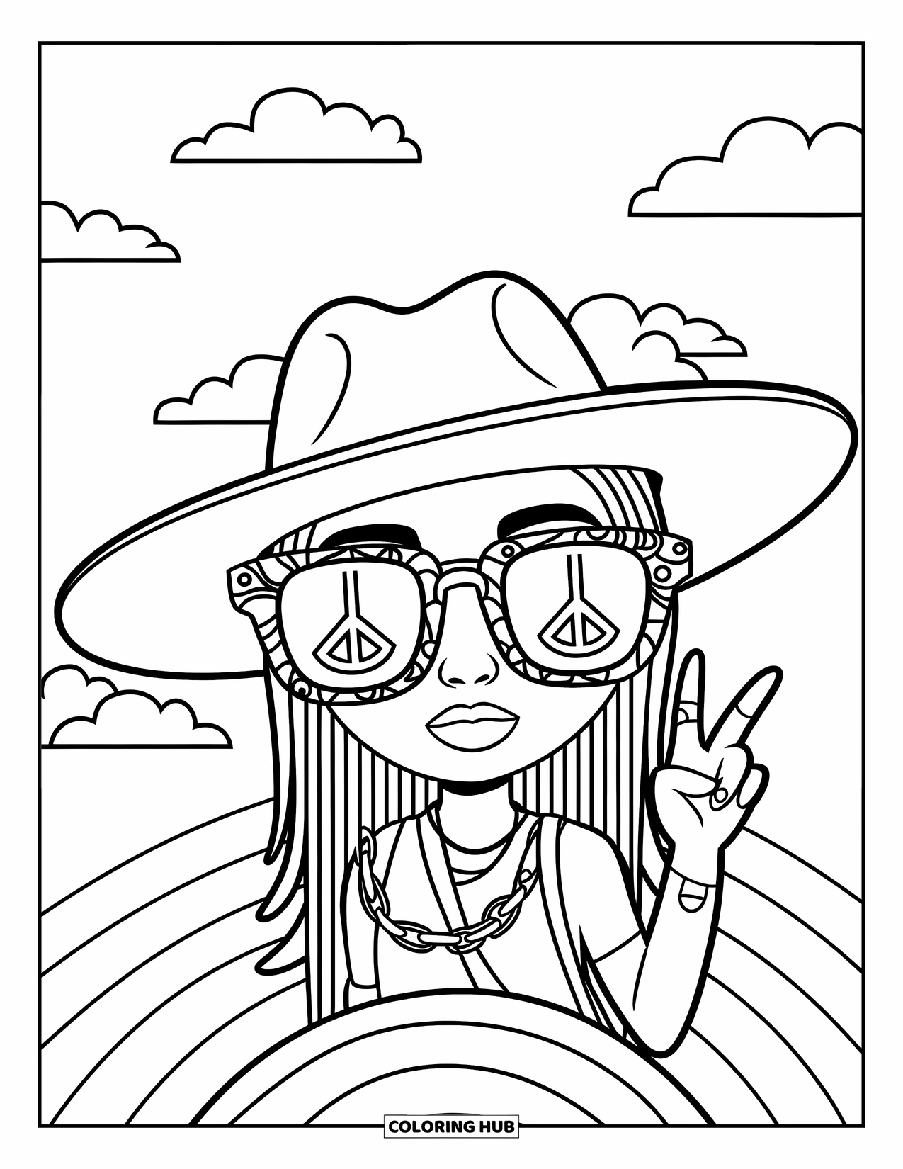 Gangsta Black Girl Coloring Page for Kids: Smiling girl with long hair and peace sign necklace standing under a rainbow sky