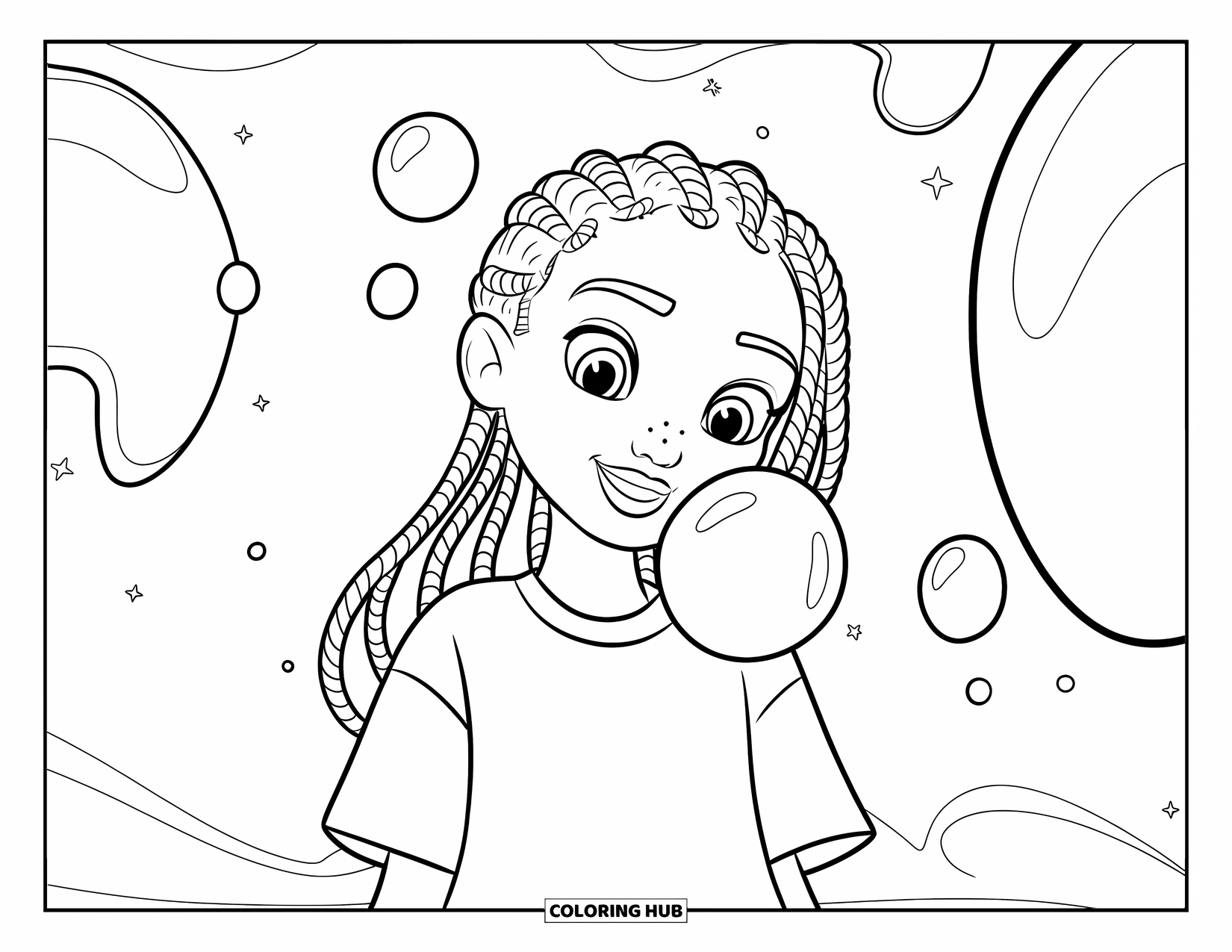 Gangsta Black Girl Coloring Page for Kids: Smiling girl with twist braids and playful background filled with bubbles and stars
