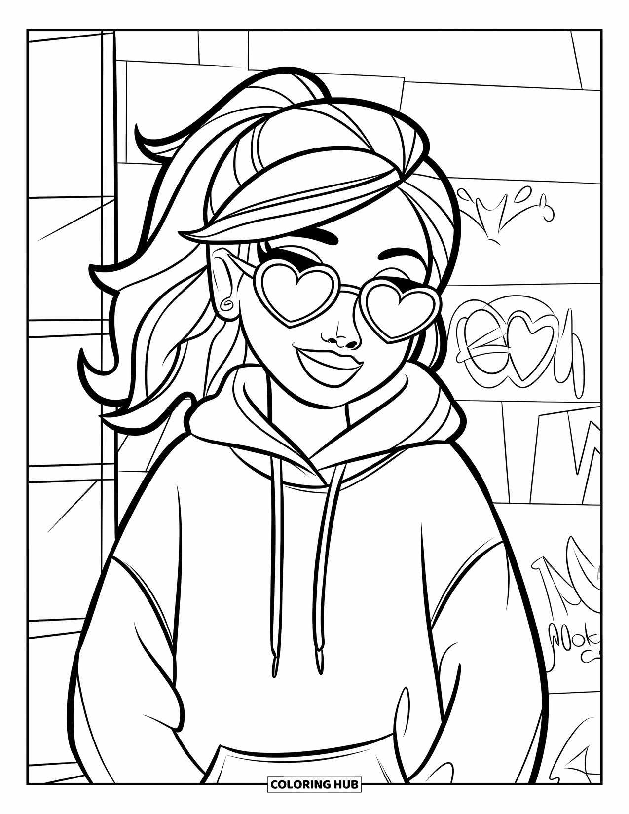 Gangsta Black Girl Coloring Page for Kids: Smiling teen in hoodie and heart shades near a graffitied wall