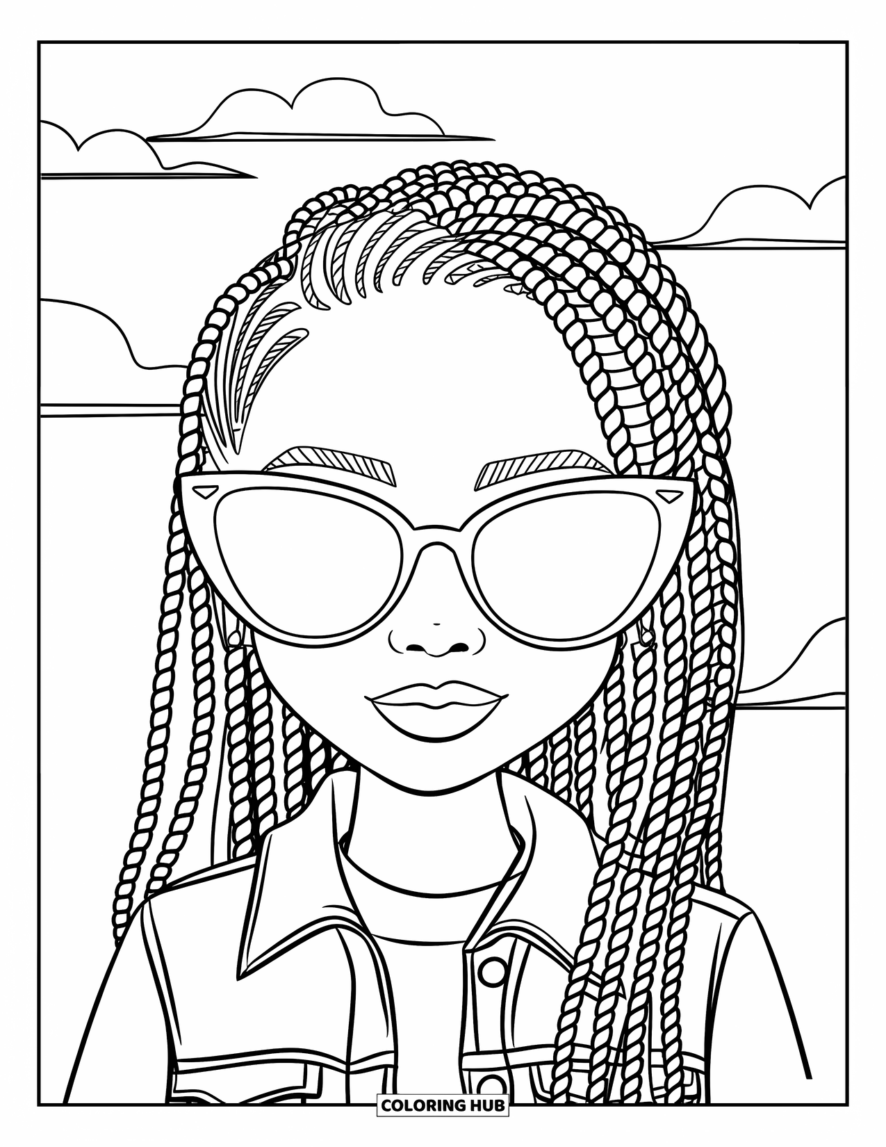 Gangsta Black Girl Coloring Page for Kids: Stylish girl in denim jacket and sunglasses under a peaceful sky