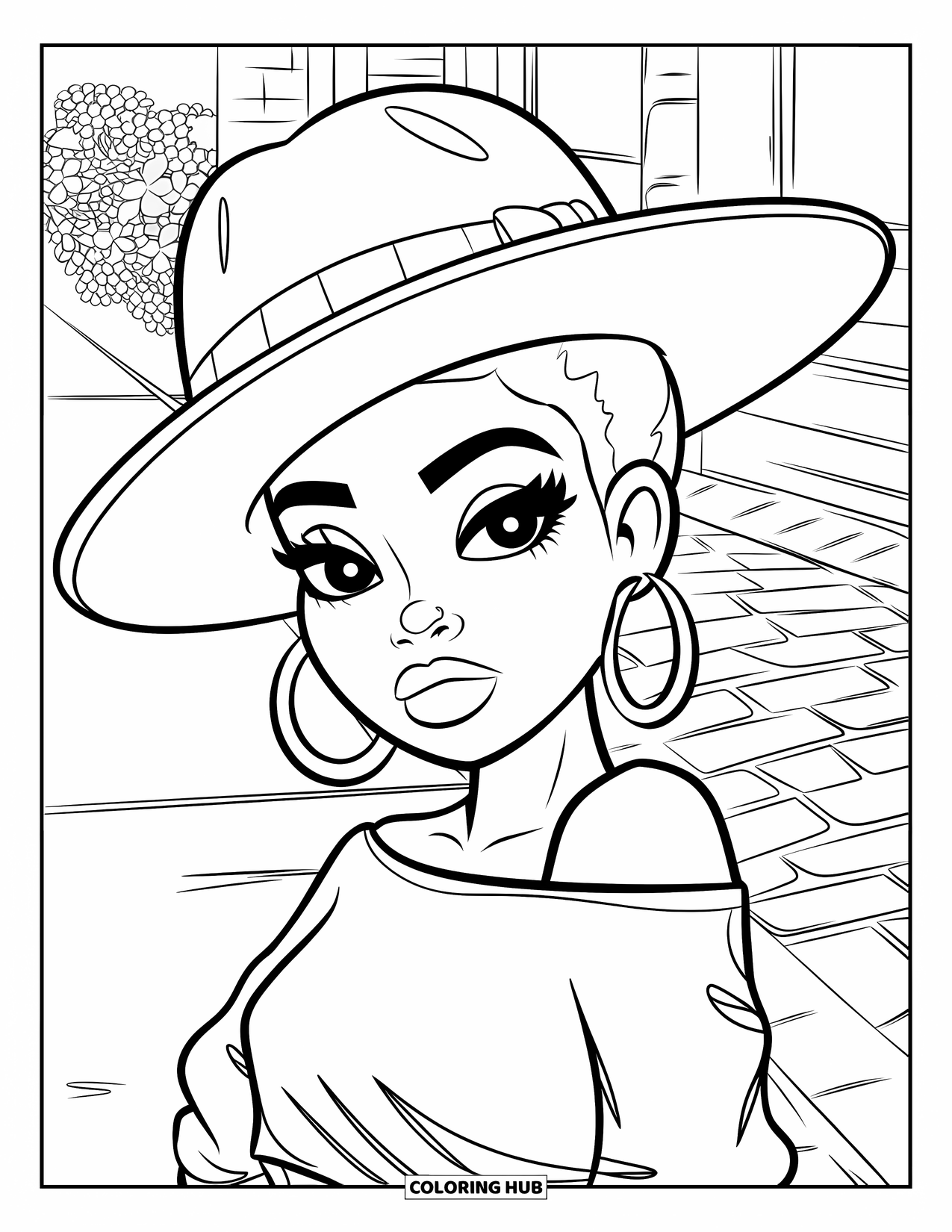 Gangsta Black Girl Coloring Page for Kids: Stylish girl in pink hat and hoop earrings standing on a sidewalk with flowers