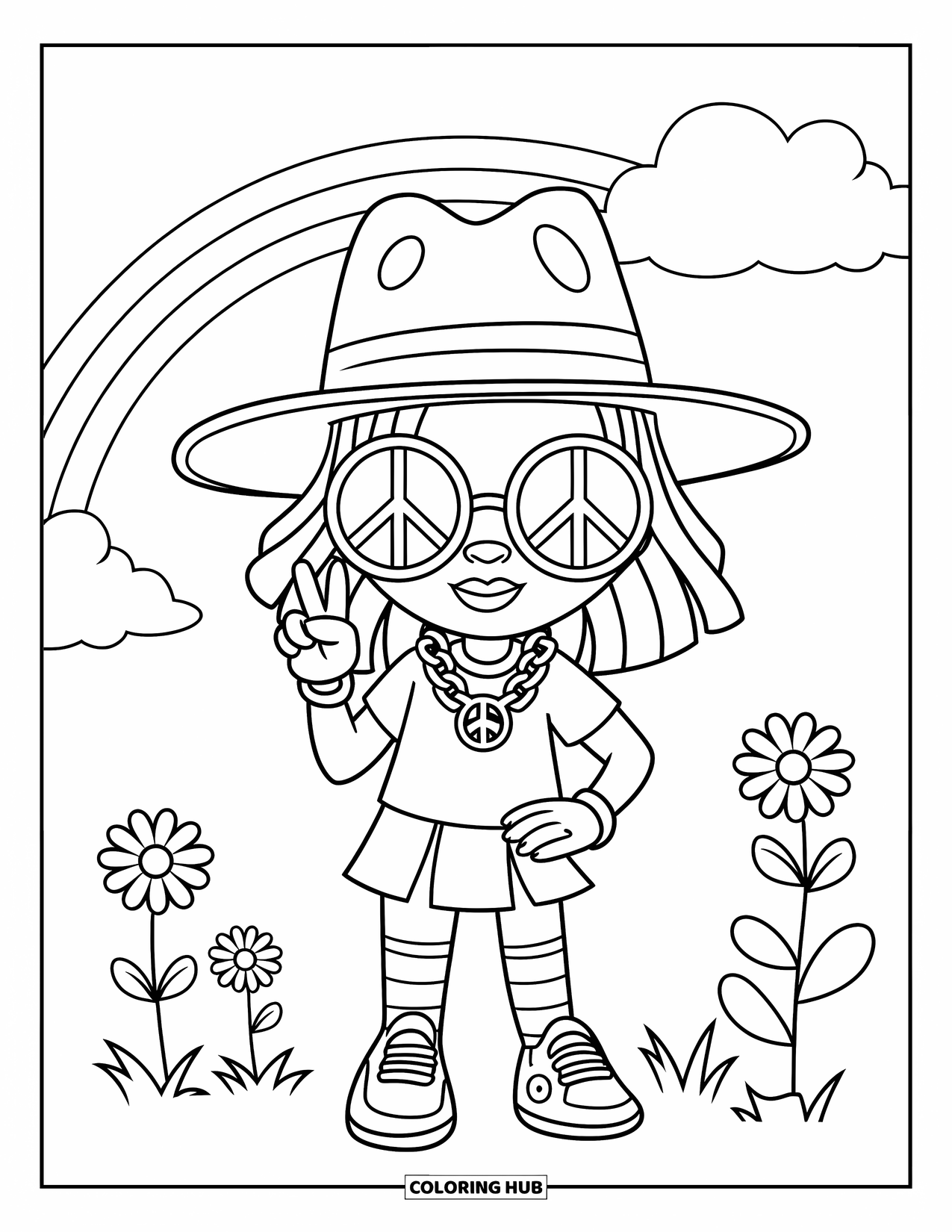 Gangsta Black Girl Coloring Page for Kids: Stylish girl with peace necklace and shades standing on a field with flowers and a rainbow