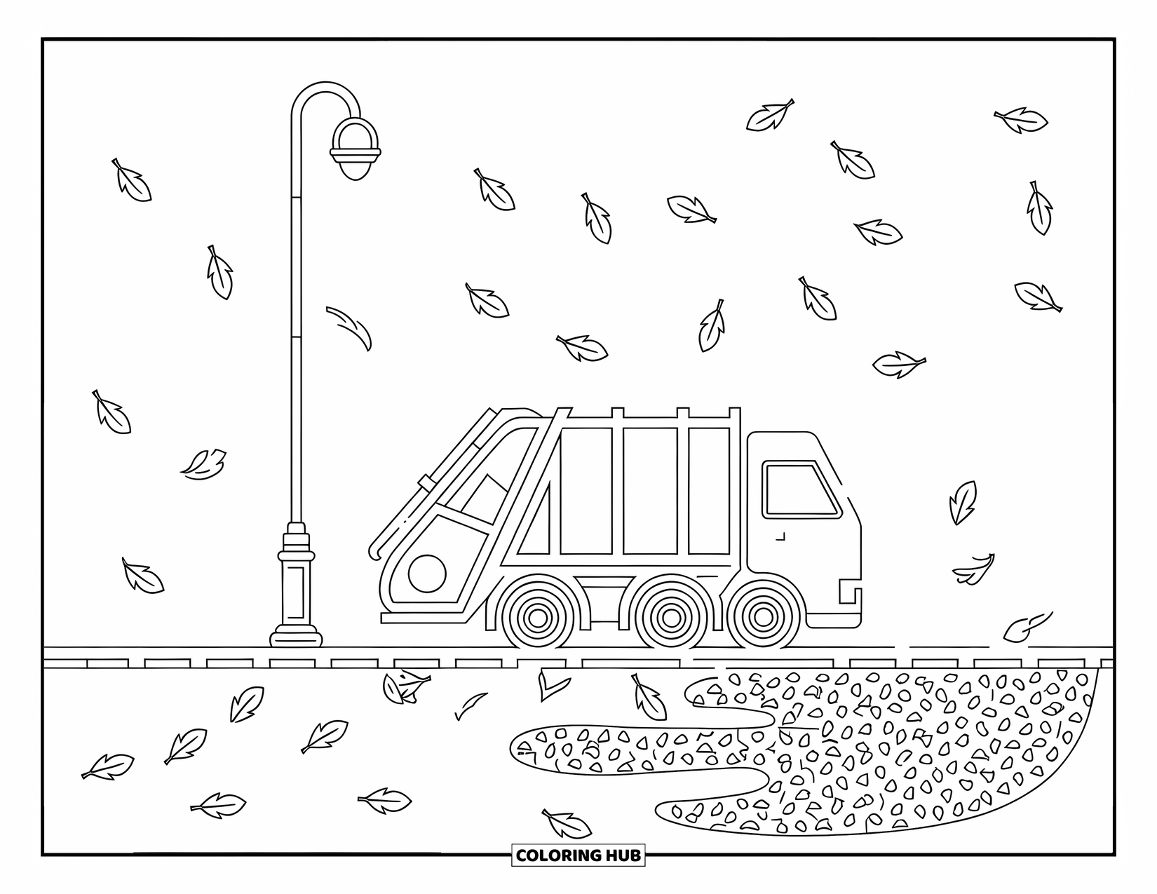 Garbage Truck Coloring Page for Adults: A calm morning scene with a truck, lamppost, and leaves on the ground